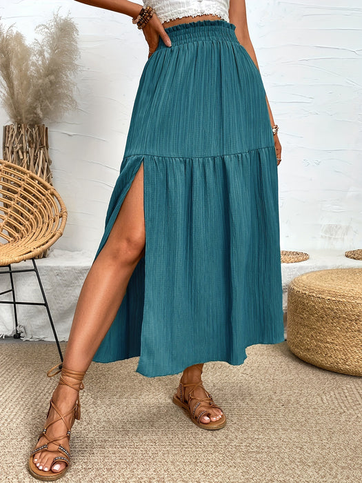 High Slit Ruffled Smocking Waistline Skirt Spring Summer High Grade Long Skirt for Women-Blue-Fancey Boutique