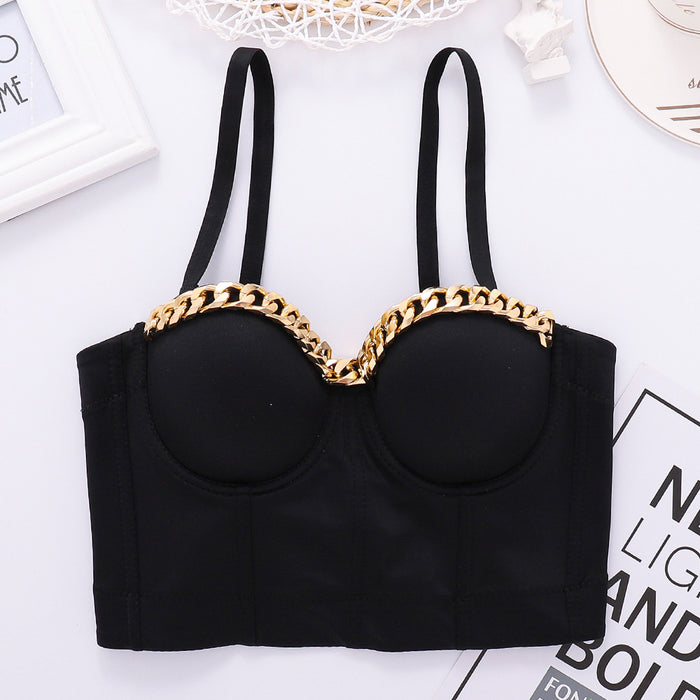 Color-Black-Golden Chain Niche Camisole Women Hipster Exposed Cropped Boning Corset Tube Top Outer Wear Cool Top-Fancey Boutique