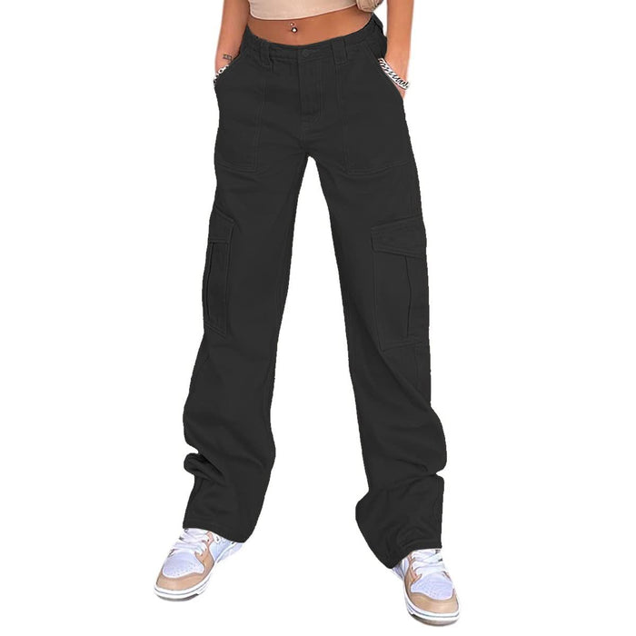 Color-Black-Slim High Waist Multi Pocket Cargo Pants Women-Fancey Boutique
