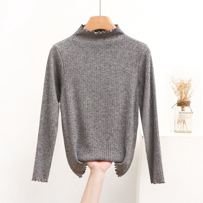 Color-Gray-Women Half Turtleneck Slimming Stretch Sweater Spring Autumn Western Slim Fit Long Sleeve Bottoming Sweater Wooden Ear-Fancey Boutique