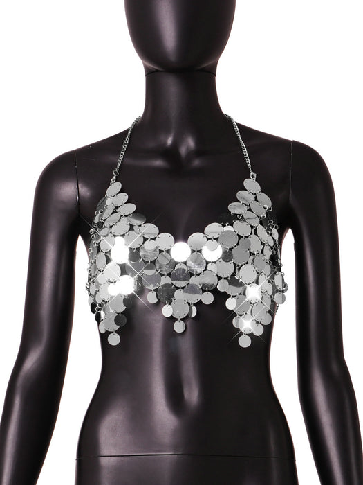 Color-Silver-Nightclub Sexy Sequ Backless Chain Women Vest-Fancey Boutique