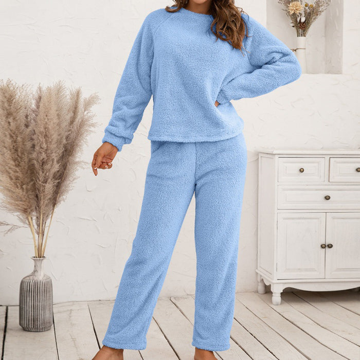 Color-Blue-Plush Hooded Sweater Set Loose Casual Homewear Double-Sided Plush Two-Piece Set for Women Plus Size-Fancey Boutique