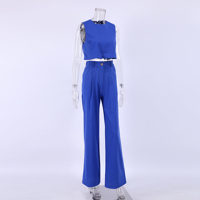 Color-royal blue-Sports Can Wear Cotton Linen Sleeveless Vest Pants Pocket Solid Color Suit Ladie Homewear Pajamas-Fancey Boutique