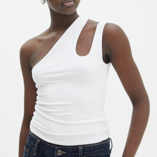 Color-White-Sexy Girl Oblique One Shoulder Hollow Out Cutout Top Sexy Slim Fit Short Vest for Women-Fancey Boutique