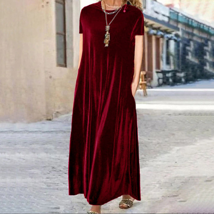 Color-Wine Red Short Sleeve-Spring Gold Velvet Slimming Crew Neck Maxi Dress-Fancey Boutique