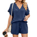 Color-Navy Blue-Spring Summer Solid Color V Neck Loose T Shirt Shorts Home Casual Suit-Fancey Boutique