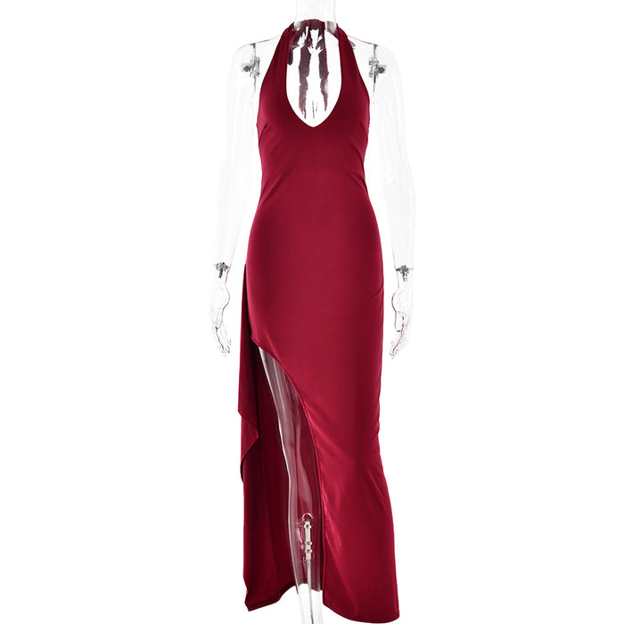 Spring Dress Sexy V neck Halter Strap Backless Slit Maxi Dress-Burgundy-Fancey Boutique