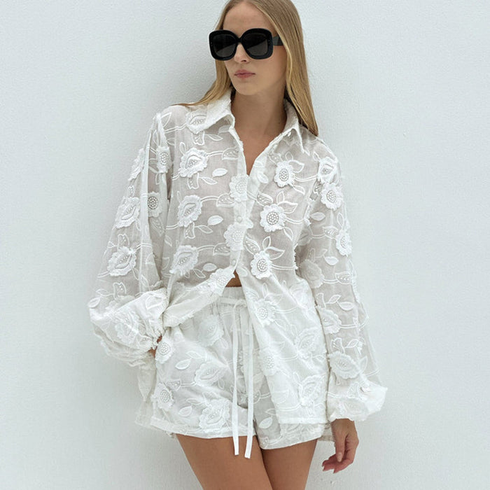 Sexy Suit Spring Autumn Cotton Embroidered Transparent Shirt High Waist Shorts-Fancey Boutique