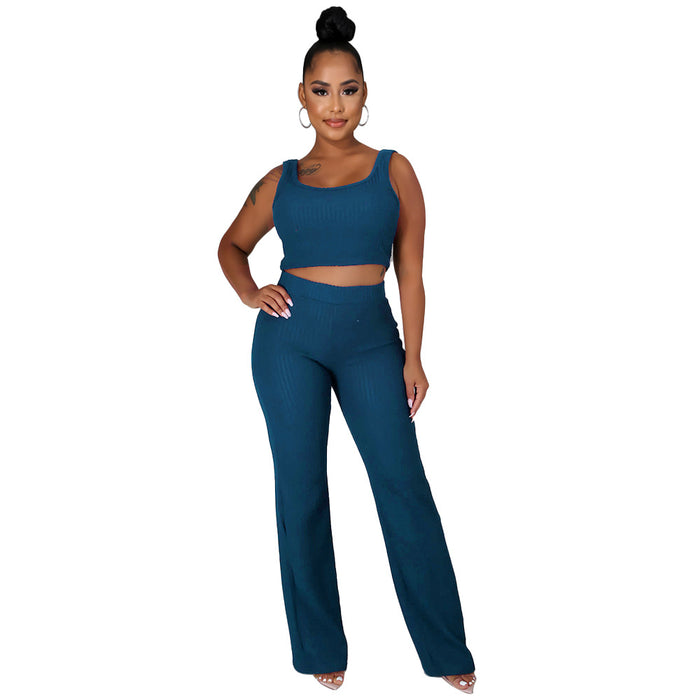 Color-Royal Blue-Summer Women Clothing High Elastic Sunken Stripe Sleeveless Solid Color Blouse Pants-Fancey Boutique