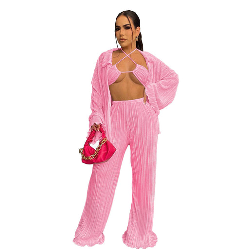 Color-Pink-Autumn Bikini Cardigan Wide Leg Pants Three-Piece Set-Fancey Boutique