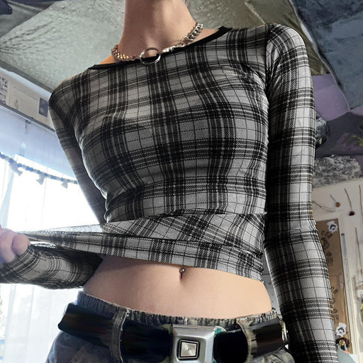 Sweet Spicy Retro Black Gray Color Matching Plaid See through Slim Fit Short Mesh T shirt Autumn Personality Slim Fit Top-Fancey Boutique