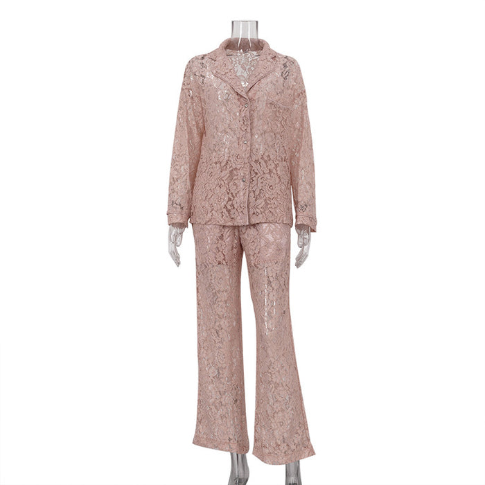 Lace See Through Two Piece Set Women Sexy Sexy Polo Collar Shirt Trousers Suit-Pink-Fancey Boutique