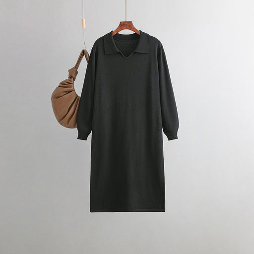 Color-Black-Women Clothing V neck Loose Solid Color Idle Overknee Sweater Dress Women Autumn Winter Dress-Fancey Boutique