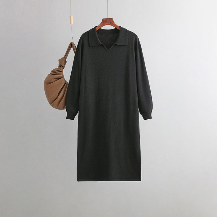 Color-Black-Women Clothing V neck Loose Solid Color Idle Overknee Sweater Dress Women Autumn Winter Dress-Fancey Boutique