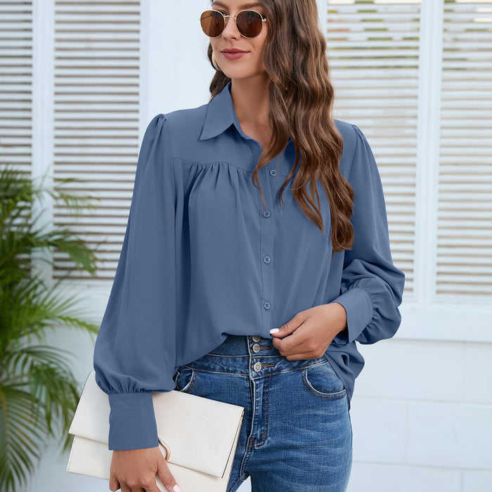 Color-The blue-gray-Women Clothing Spring Autumn Chiffon Shirt Women Shirt Pleated Long Sleeved Top Women-Fancey Boutique