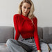 Color-Red-Sexy Sexy Cross Pleated Neckline Slim Fit Long Sleeve Stitching Solid Color Jumpsuit-Fancey Boutique