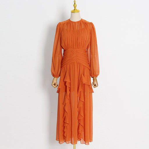 Australian Brand Elegant Ruffled Maxi Dress Autumn round Neck Long Sleeve Pleated Dress-Fancey Boutique