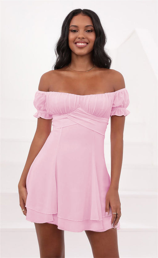 Color-Pink-Summer Women Collection Sexy off Neck Short Sleeve Hollow Out Cutout Backless Tied Dress-Fancey Boutique