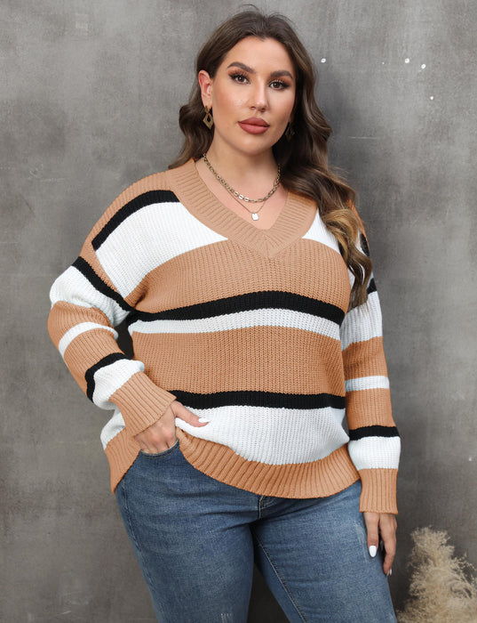 Color-Khaki-Plus Size Women Pullover Sweater Women Clothing Autumn Winter V Collar Contrast Color Stitching Sweater-Fancey Boutique