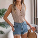 Real Shot Summer Solid Color Button V neck Hollow Out Cutout Sleeveless Top Holiday Knitwear Women Clothing-Tank Top-Fancey Boutique