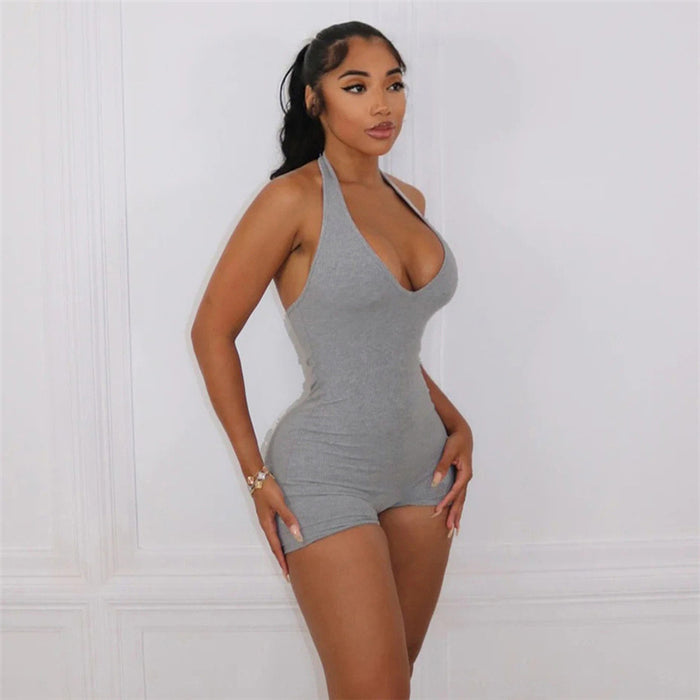 Color-Gray-Summer Women Clothing Sexy Casual Low Collar Halter High Waist Tight Backless Romper for Women-Fancey Boutique