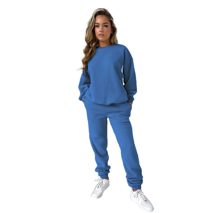 Color-royal blue-Autumn Winter Women Clothing Solid Color round Neck Pullover Long Sleeve Cotton Sweater Casual Trousers Suit-Fancey Boutique