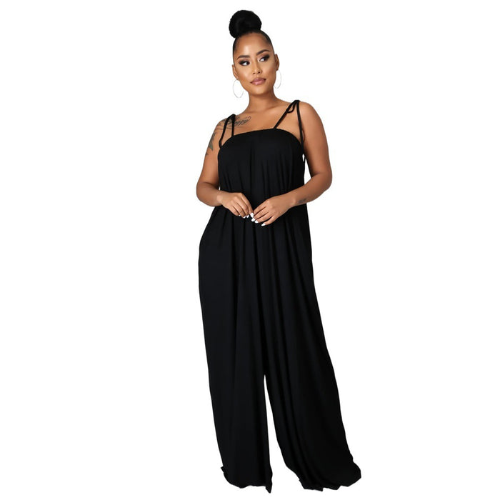 Color-Black-Solid Color Summer Sleeveless Waist Wrapped Chest Loose Wide Leg Women Jumpsuit-Fancey Boutique