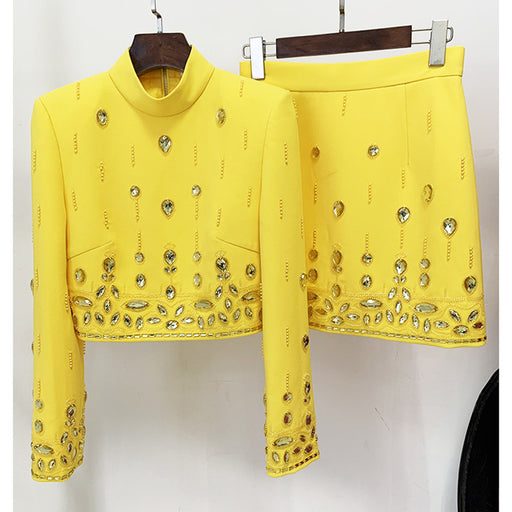 Color-Yellow-Goods Stars Heavy Industry Beads Diamond Inlaid Short Top Mid Length Skirt Set Two Piece Set-Fancey Boutique