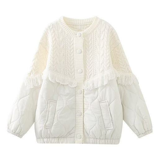 Color-White-Fall Women Clothing Tassel Decorative Knitted Patchwork Cotton Padded Jacket Jacket Coat-Fancey Boutique