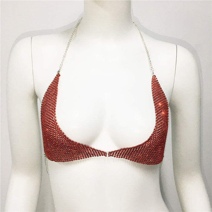 Color-Red-Women Clothing Body Cha Exaggerated Rhinestone Bikini Chest Necklace Sexy Nightclub Halter Spaghetti Straps Bra-Fancey Boutique