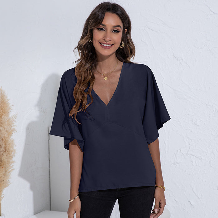 Color-purplish blue-Summer V-neck Simplicity Stitching Solid Color Top T-shirt-Fancey Boutique