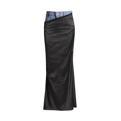 Autumn Trendy High Waist Denim Stitching Long Slit Swing Sheath Skirt-Fancey Boutique