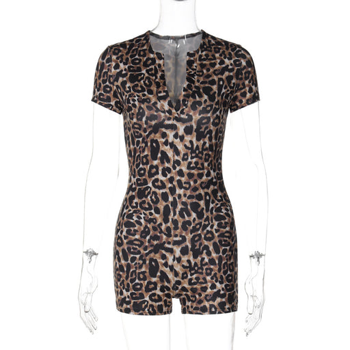 Summer Leopard Print Short Sleeve V Neck Skinny Hip Raise Jumpsuit Women-Khaki-Fancey Boutique