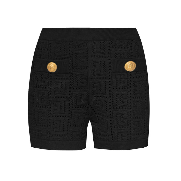 Color-Black Shorts-Long Sleeve Short round Neck Hollow Out Cutout out Knitwear Dress Vest Shorts Women-Fancey Boutique