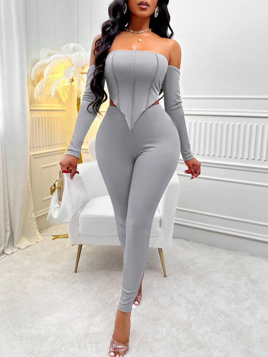 Color-Gray-Fall Winter Sexy Women Clothing Solid Color Long Sleeve off Shoulder Slim Fit Suit Women-Fancey Boutique