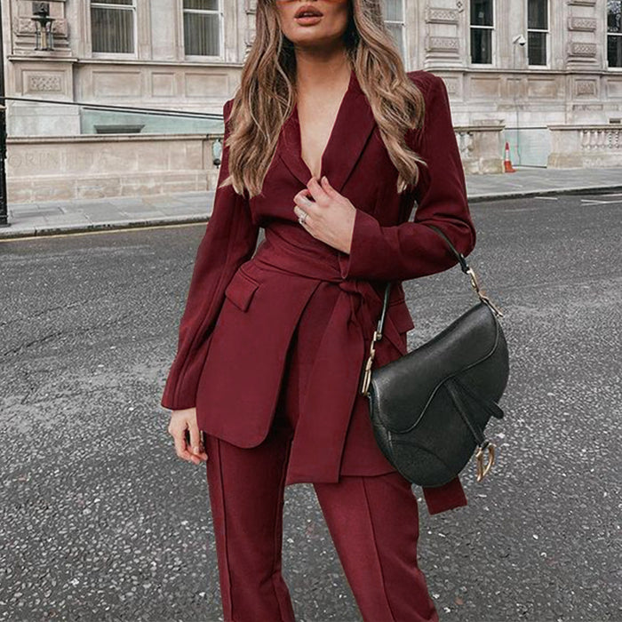 Color-Burgundy-autumn New Fashion Suit Two-Piece Set Blazer-Fancey Boutique