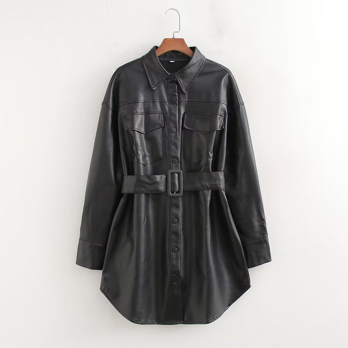 Color-Black-Winter Women Clothing Casual Lace up Slim Fit Slimming Mid Length Leather Coat Coat-Fancey Boutique