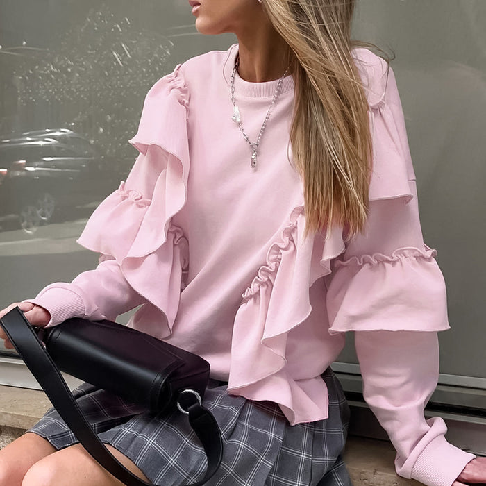 Fall Gentle Pink Elegant Knitted Ruffled Round Neck Drop-Shoulder Sleeve All Matching Loose Casual Sweater Women-Fancey Boutique