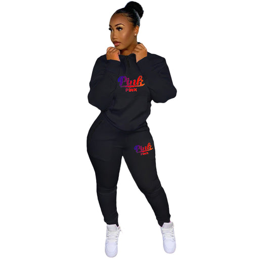 Color-Black-Offset Printing Lettered Casual Sports Suit-Fancey Boutique