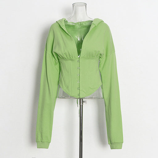Color-Green-Optional Women Sweater Autumn Solid Color Waist Tied Single Breasted Short Stitching Hoodie-Fancey Boutique