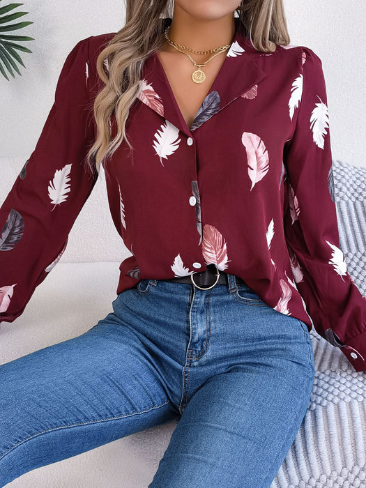 Color-Autumn Winter Elegant Feather Printed Suit Collar Long Sleeve Shirt Women Clothing-Fancey Boutique