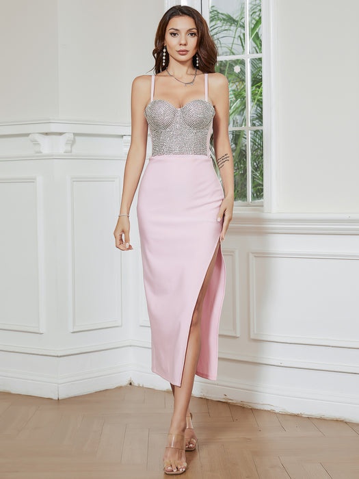 Sexy Sheath Dress Sleeveless Steel Band Chest Pad Boning Corset Rhinestone Beaded-Pink-Fancey Boutique