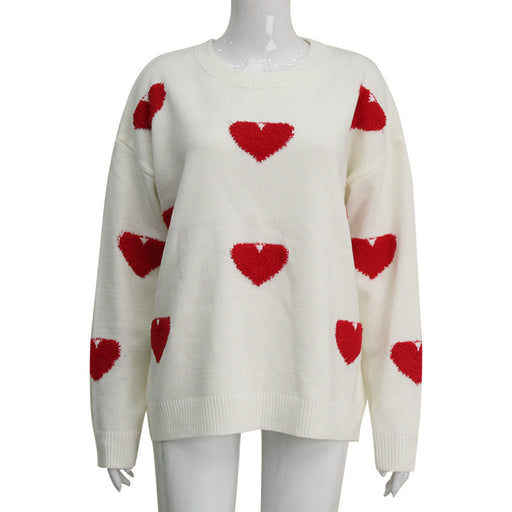 Color-White-Autumn Winter Sweet Loving Heart Embroidered Crew Neck Long Sleeve Women Clothing Loose Casual Pullover Knitwear Sweater Women Top-Fancey Boutique