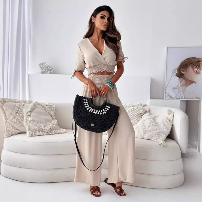 Women Clothing Women Clothing Solid Color Half Sleeve Trousers Suit-Fancey Boutique