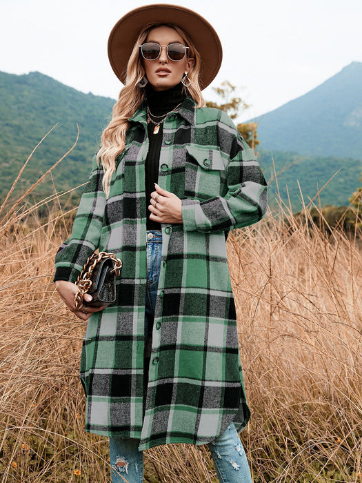 Color-Green-Autumn Winter Women Plaid Trench Coat-Fancey Boutique