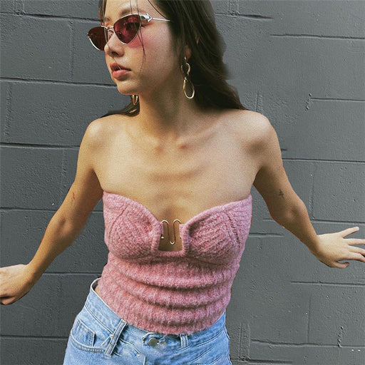 Color-Pink-Spring Women Clothes Knitted Hollow Out Cutout Sleeveless Solid Color Slim Fit Casual Shirt-Fancey Boutique