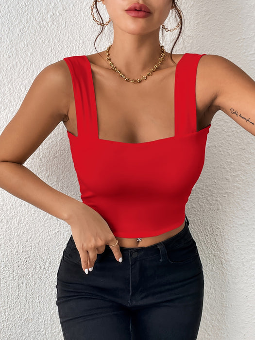 Camisole Wide Shoulder Strap Sleeveless Outerwear Top Sexy Slim Fit Sexy Back-Red-Fancey Boutique