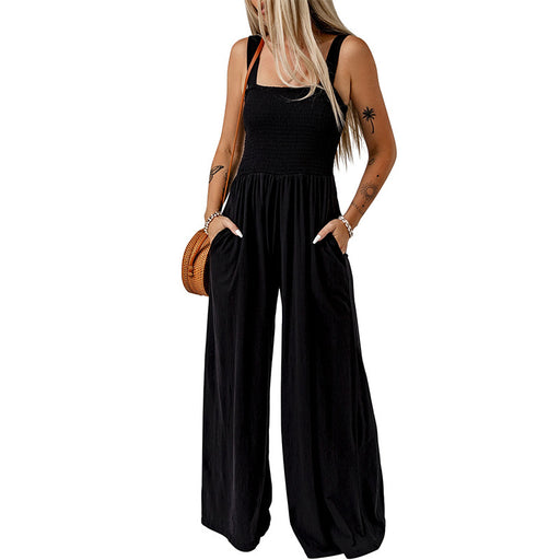 Color-Black-High Waist Jumpsuit Women Summer Sleeveless of the Shoulder Knitted Wide Leg Trousers Jumpsuit-Fancey Boutique