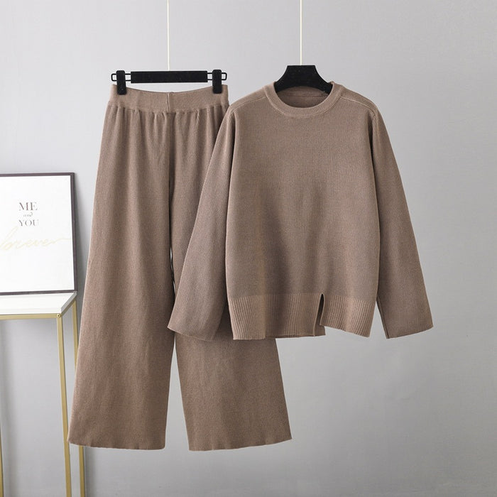 Color-Dark Brown-Korean Sweater Suit Women Autumn Winter Loose Comfortable Knitwear Casual Wide Leg Pants two piece set-Fancey Boutique