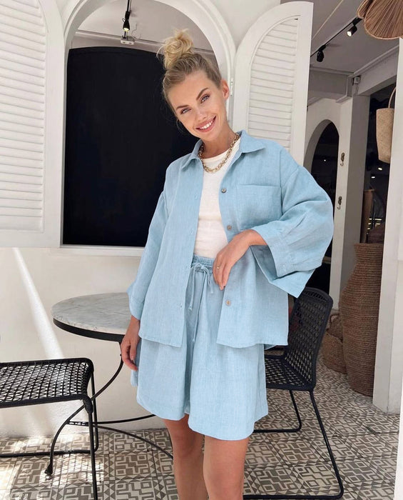 Color-Blue-Summer Cotton Long Sleeve Shorts Pajamas Casual Loose Nightgown Worn outside Ladies Homewear-Fancey Boutique